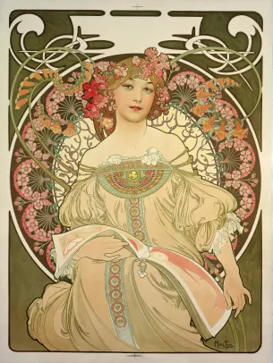 Litographie Rêverie Alphonse Mucha femme fleurs