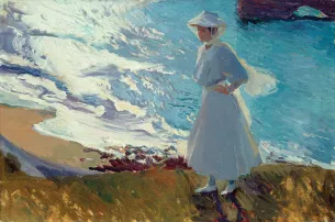 Tableau femme robe blanche sur la plage Sorolla